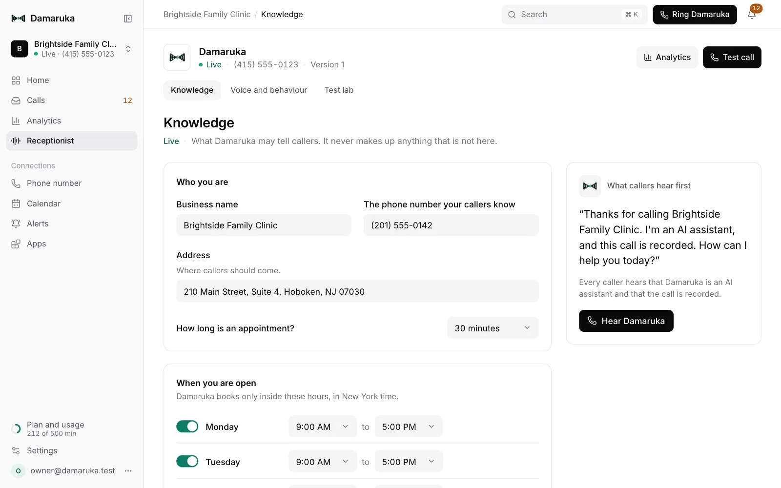 Damaruka's Knowledge page: the business name, phone number, address and appointment length, with what callers hear first